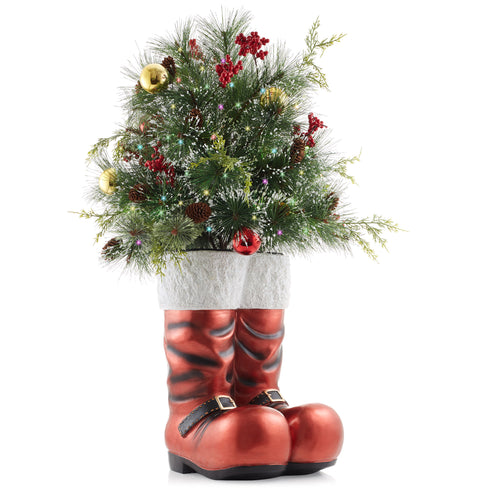 Hand-Painted Ceramic Santa Boots with Pre-Lit LED Frosted Greenery
